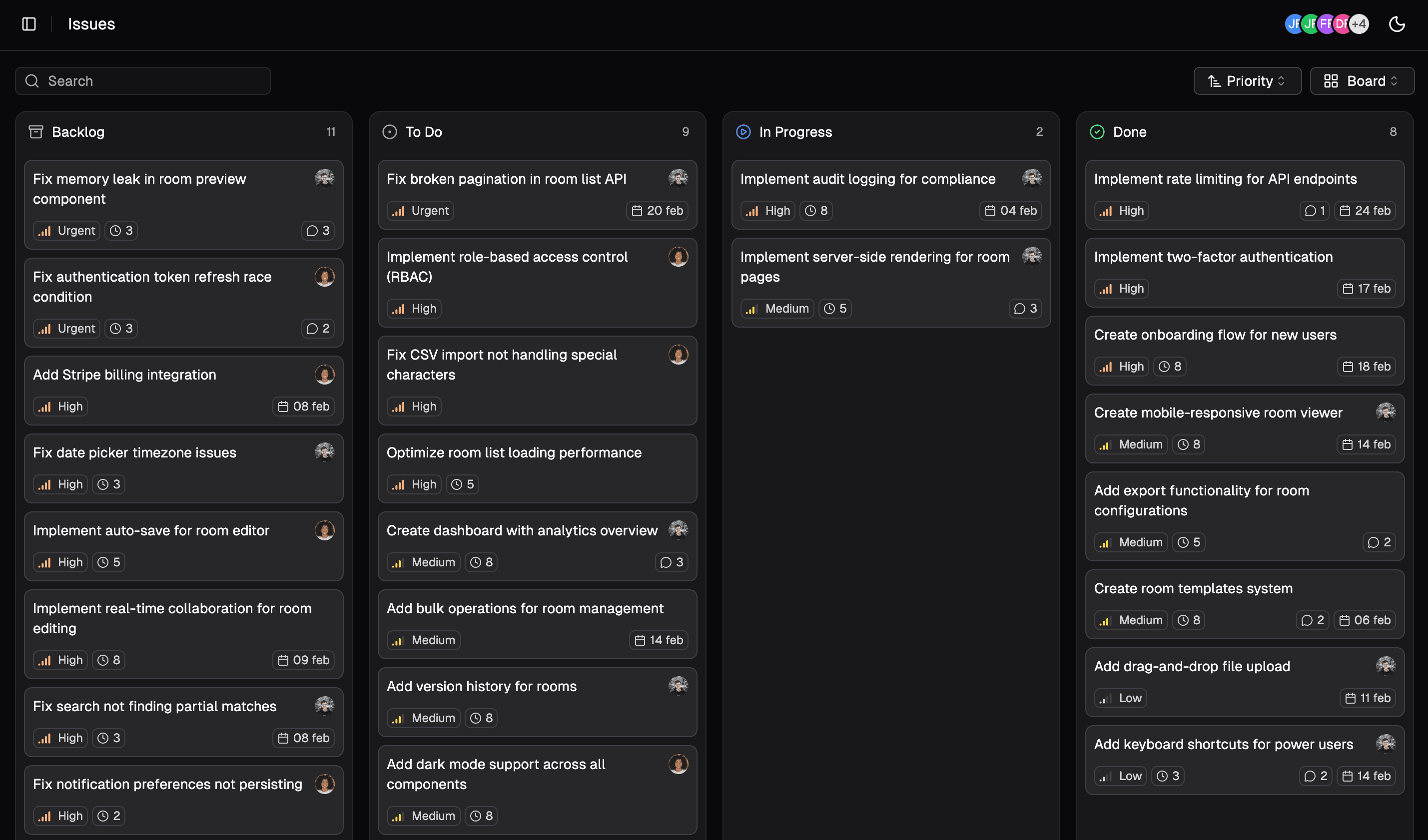 Linear issue board showing project progress with Backlog, To Do, In Progress, and Done columns