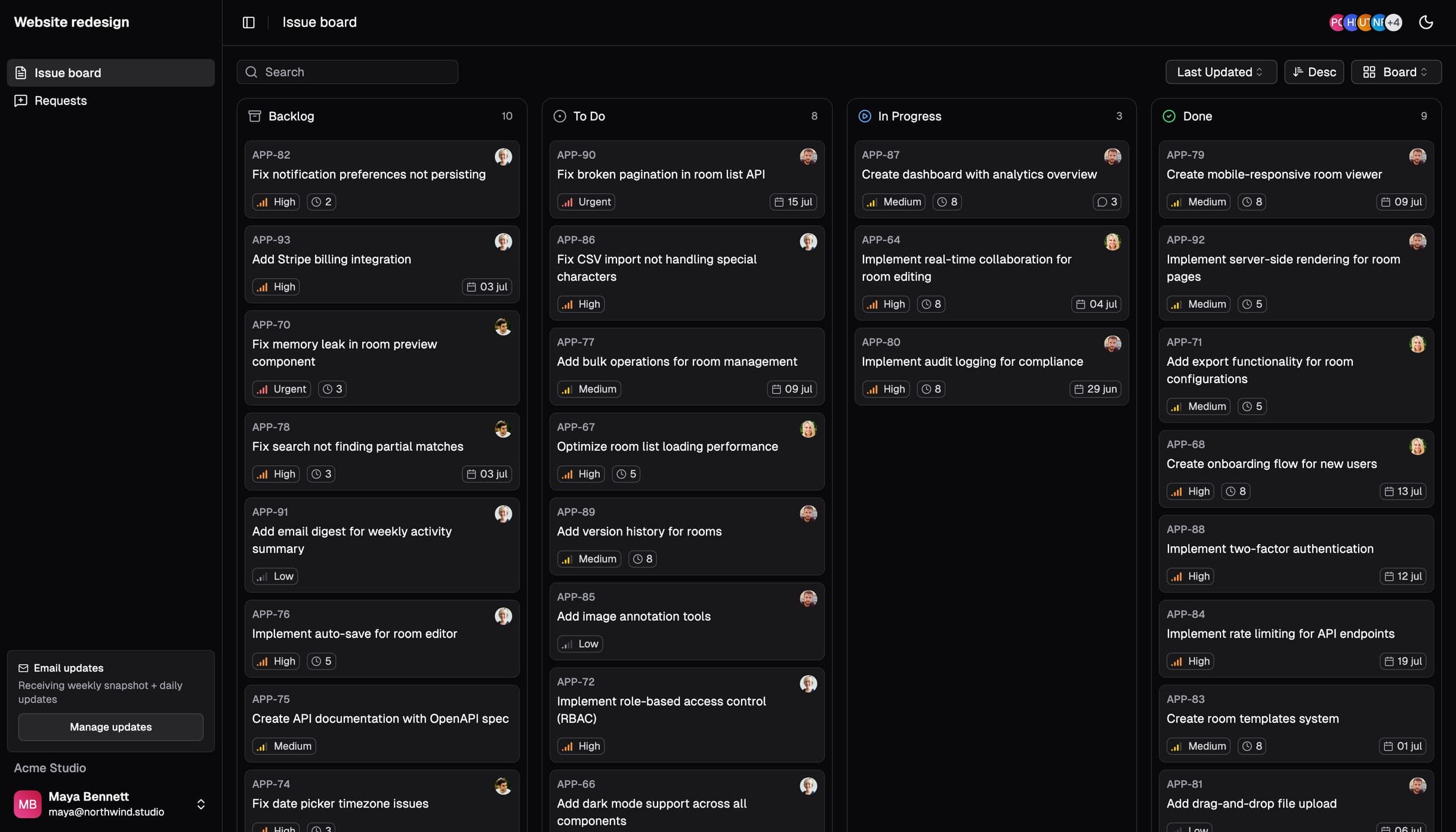 Issue board in a client portal, mirrored from Linear