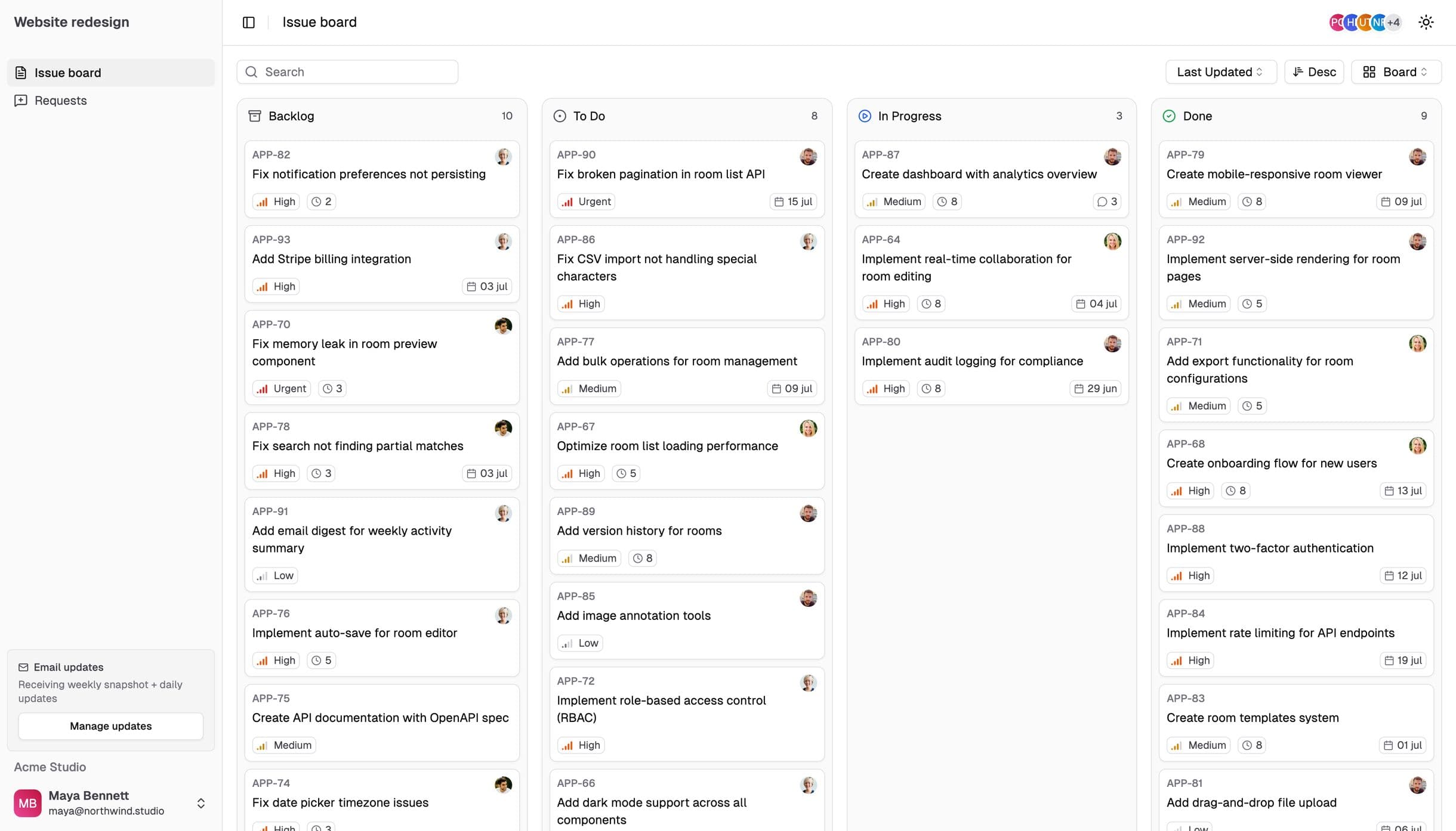 Issue board in a client portal, mirrored from Linear