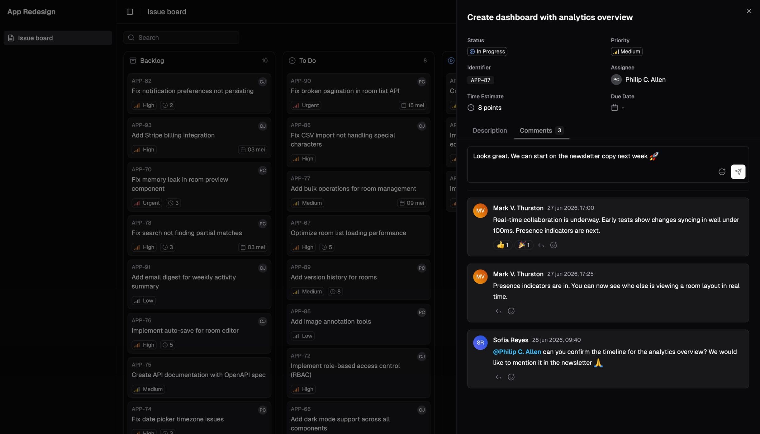 Issue board with an issue open and its comment thread, mirrored from Linear