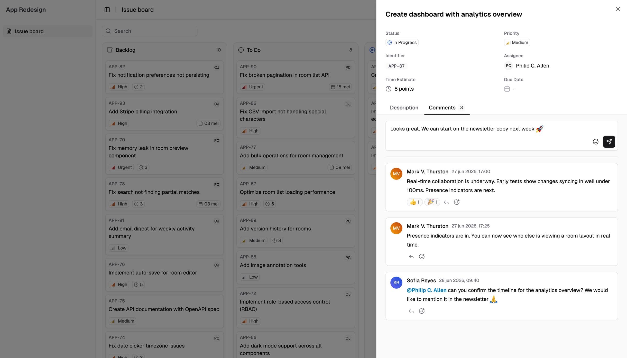 Issue board with an issue open and its comment thread, mirrored from Linear