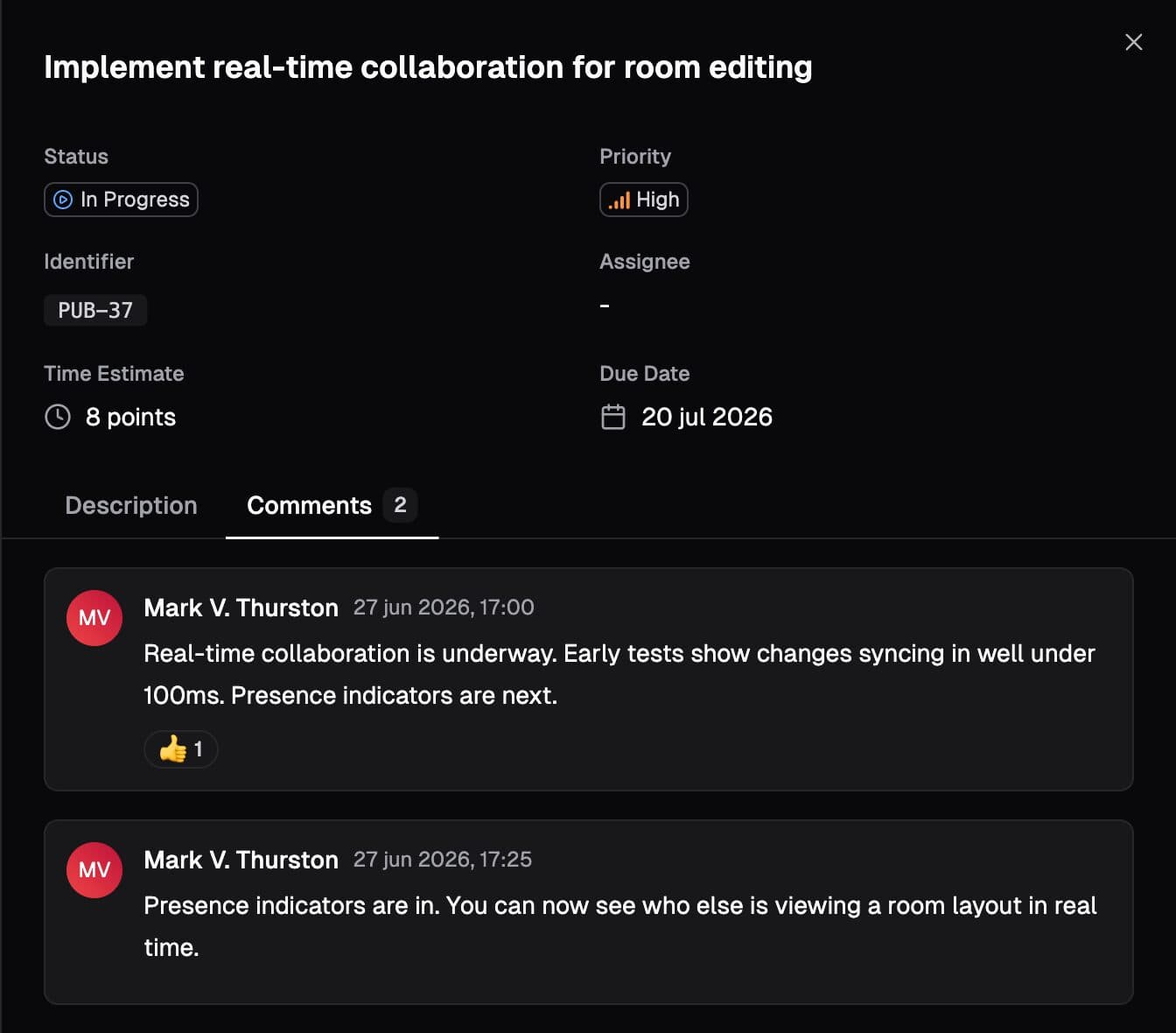 An issue open in a room, showing the comment thread that syncs to Linear