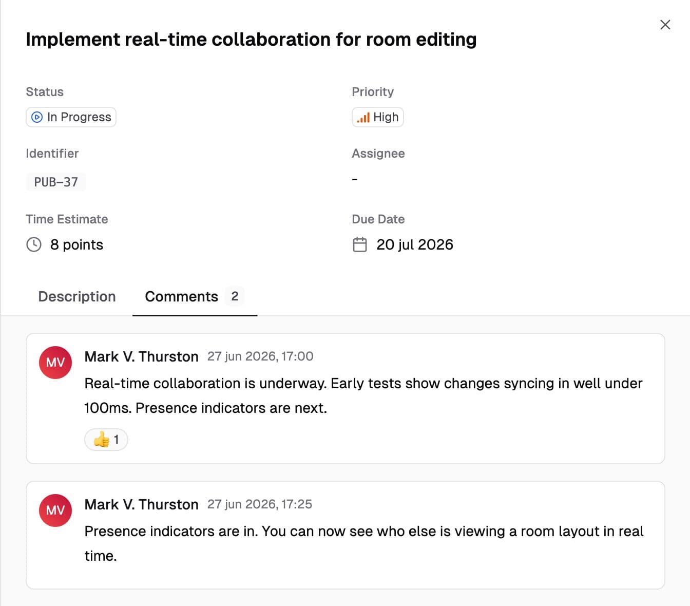 An issue open in a room, showing the comment thread that syncs to Linear