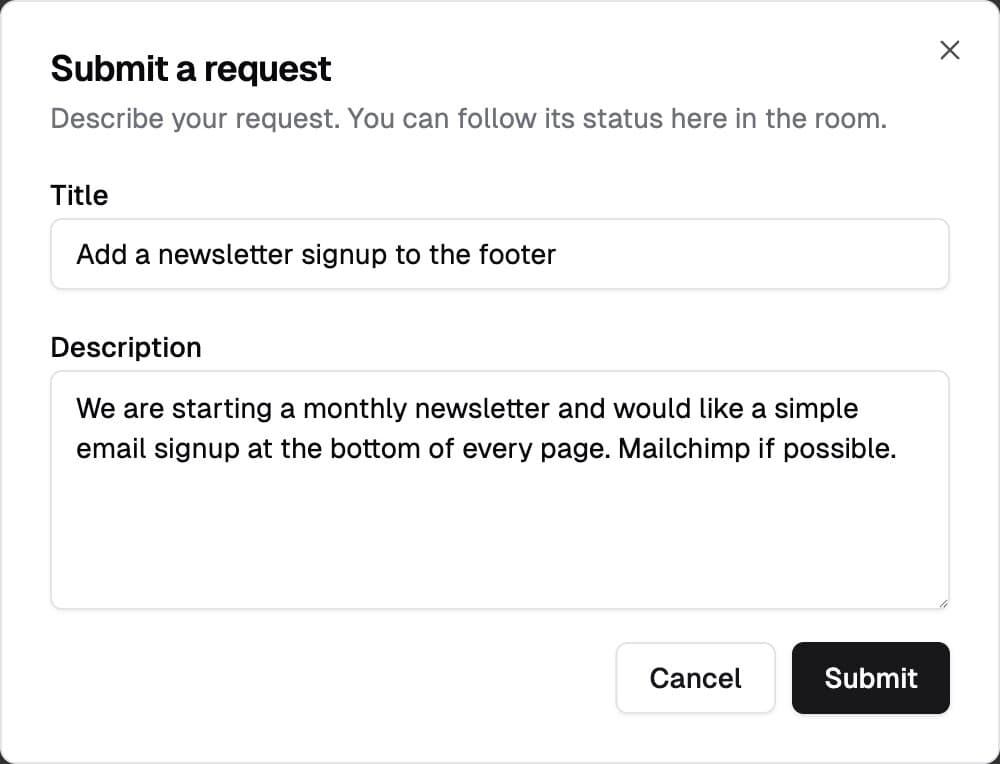 A client filing a request from the room: title and description, which becomes a Linear issue
